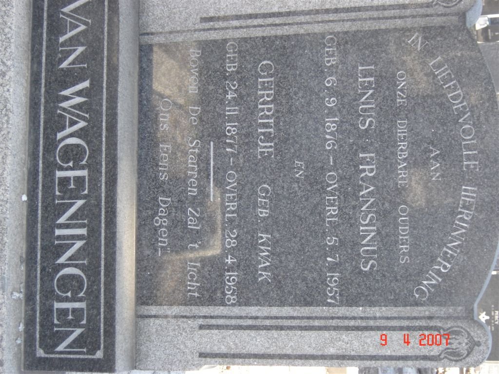 WAGENINGEN Lenus Fransinus, van 1876-1957 &amp; Gerritje KWAK 1877-1958