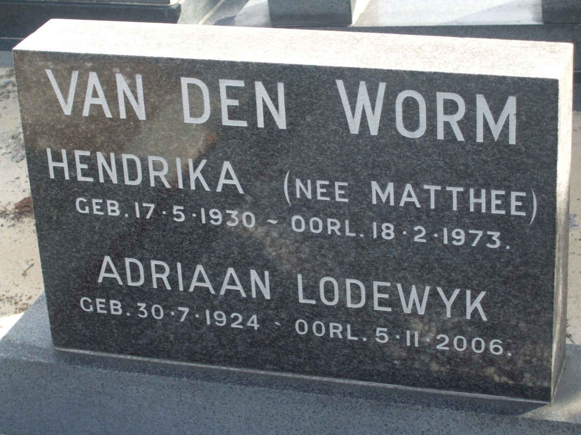 WORM Adriaan Lodewyk, van den 1924-2006 &amp; Hendrika MATTHEE 1930-1973