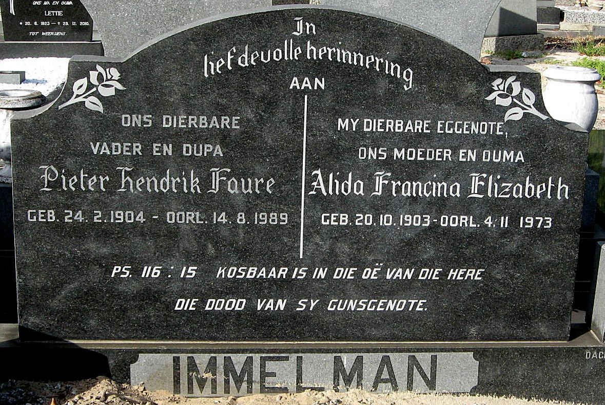 IMMELMAN Pieter Hendrik Faure 1904-1989 &amp; Alida Francina Elizabeth 1903-1973