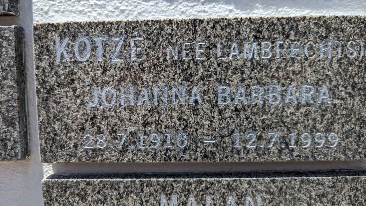 KOTZE Johanna Barbara nee LAMBRECHTS 1910-1999