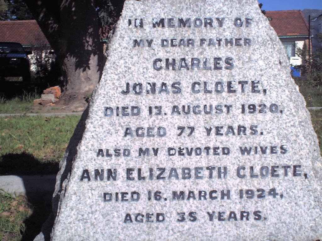 CLOETE Charles Jonas 1843-1920 :: CLOETE Anna Elizabeth 1889-1924