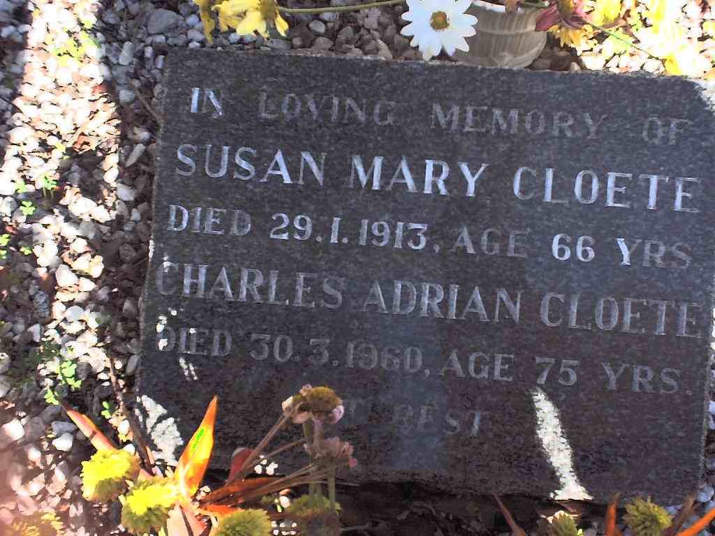 CLOETE Charles Adrian 1885-1960 :: CLOETE Susan Mary 1847-1913