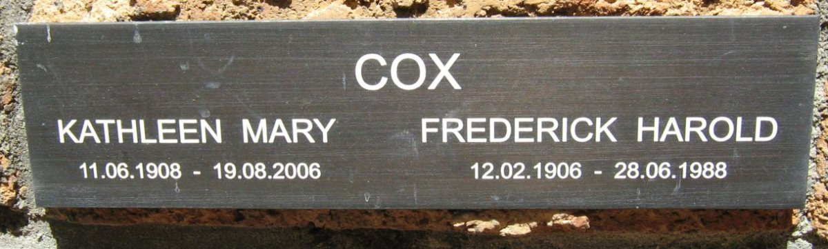COX Frederick Harold 1906-1988 &amp; Kathleen Mary 1908-2006