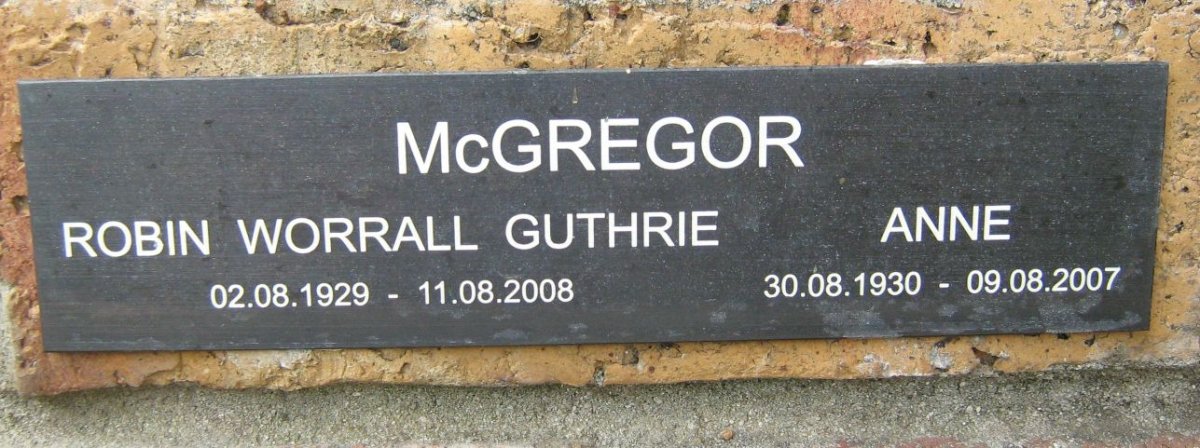 McGREGOR Robin Worrall Guthrie 1929-2008 &amp; Anne 1930-2007