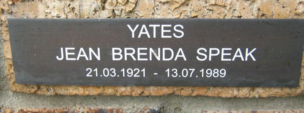 YATES Jean Brenda Speak 1921-1989