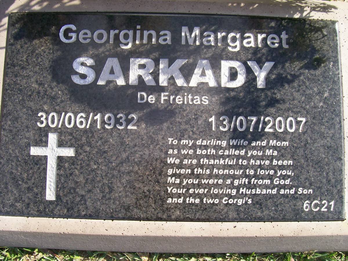 SARKADY Georgina Margaret nee DE FREITAS 1932-2007