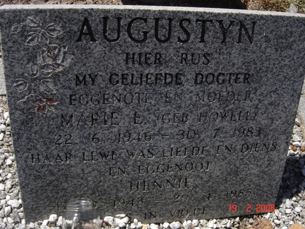 AUGUSTYN Hennie 1943-1985 &amp; Marie E. HOWELL 1946-1983