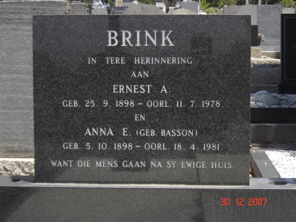BRINK Ernest A. 1898-1978 &amp; Anna E. BASSON 1898-1981