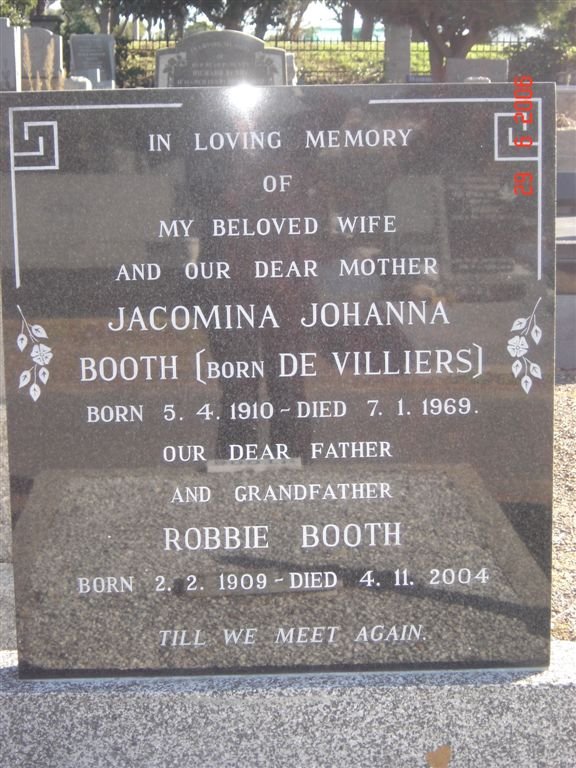 BOOTH Robbie 1909-2004 &amp; Jacomina Johanna DE VILLIERS 1910-1969