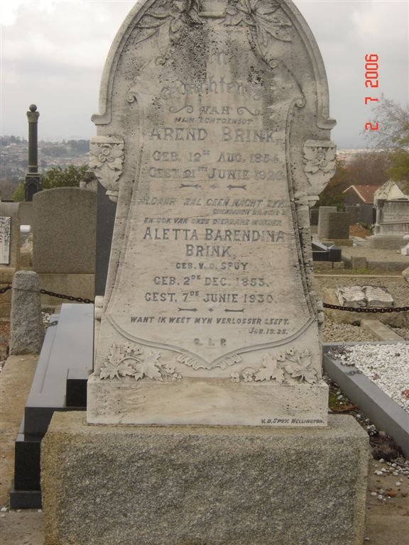 BRINK Arend 1854-1926 &amp; Aletta Barendina V.D. SPUY 1853-1930