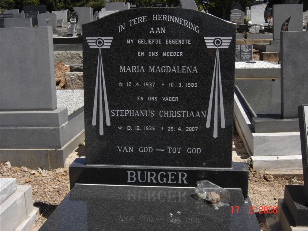 BURGER Stephanus Christiaan 1935-2007 &amp; Maria Magdalena 1937-1985