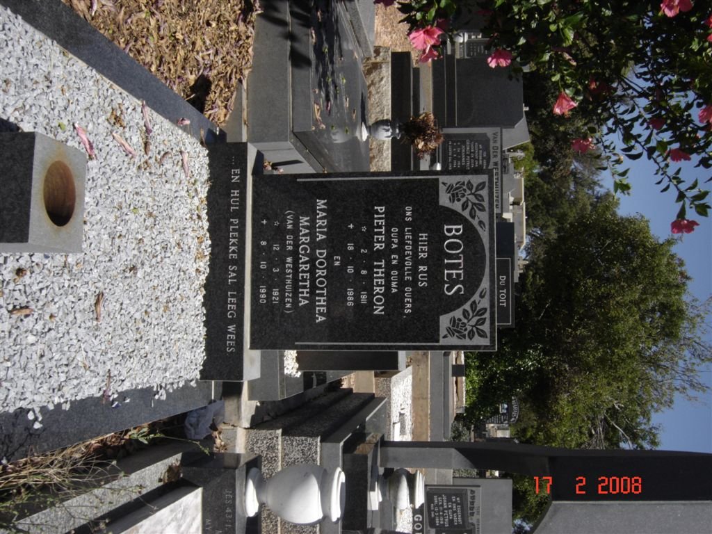 BOTES Pieter Theron 1911-1986 &amp; Maria Dorothea Margaretha VAN DER WESTHUIZEN 1921-1990