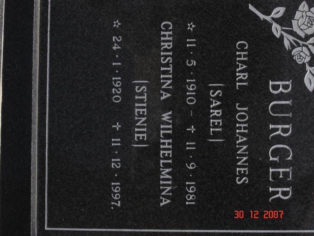 BURGER Charl Johannes 1910-1981 &amp; Christina Wilhelmina 1920-1997