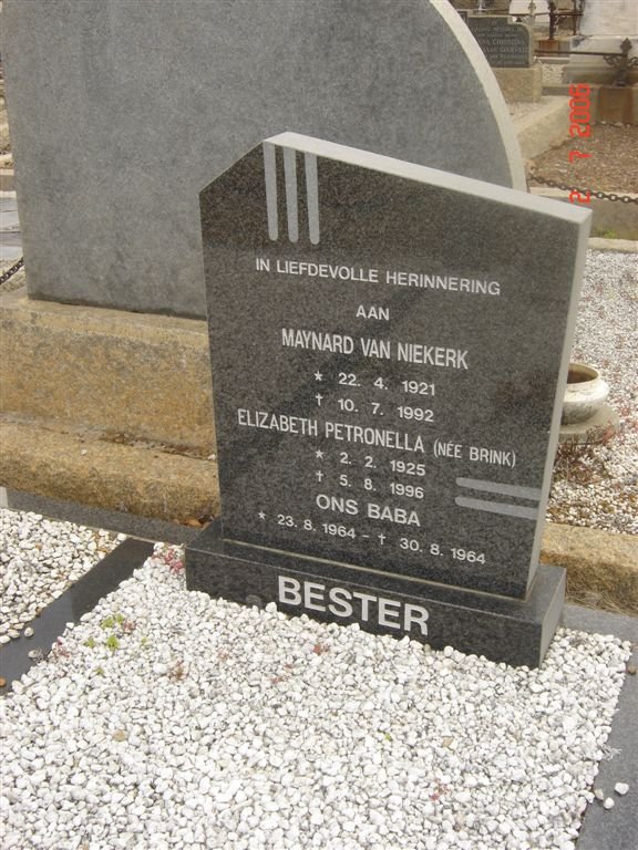 BESTER Maynard van Niekerk 1921-1992 &amp; Elizabeth Petronella BRINK 1925-1996 :: BESTER Infant 1964-1964