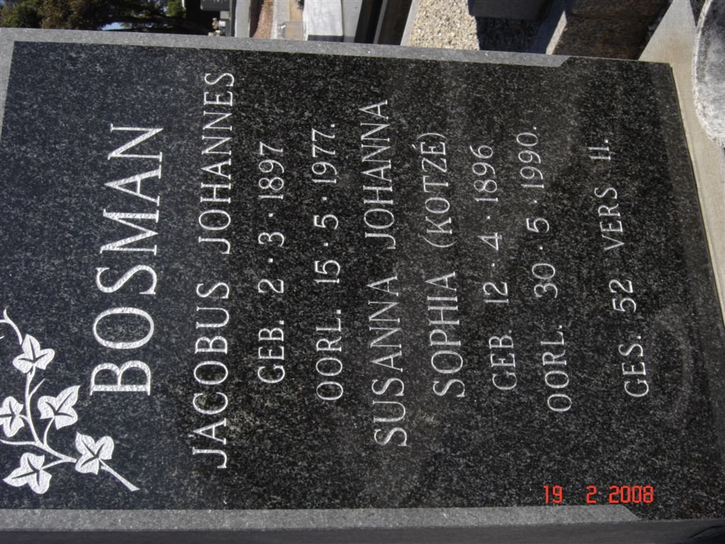BOSMAN Jacobus Johannes 1897-1977 &amp; Susanna Johanna Sophia KOTZé 1896-1990