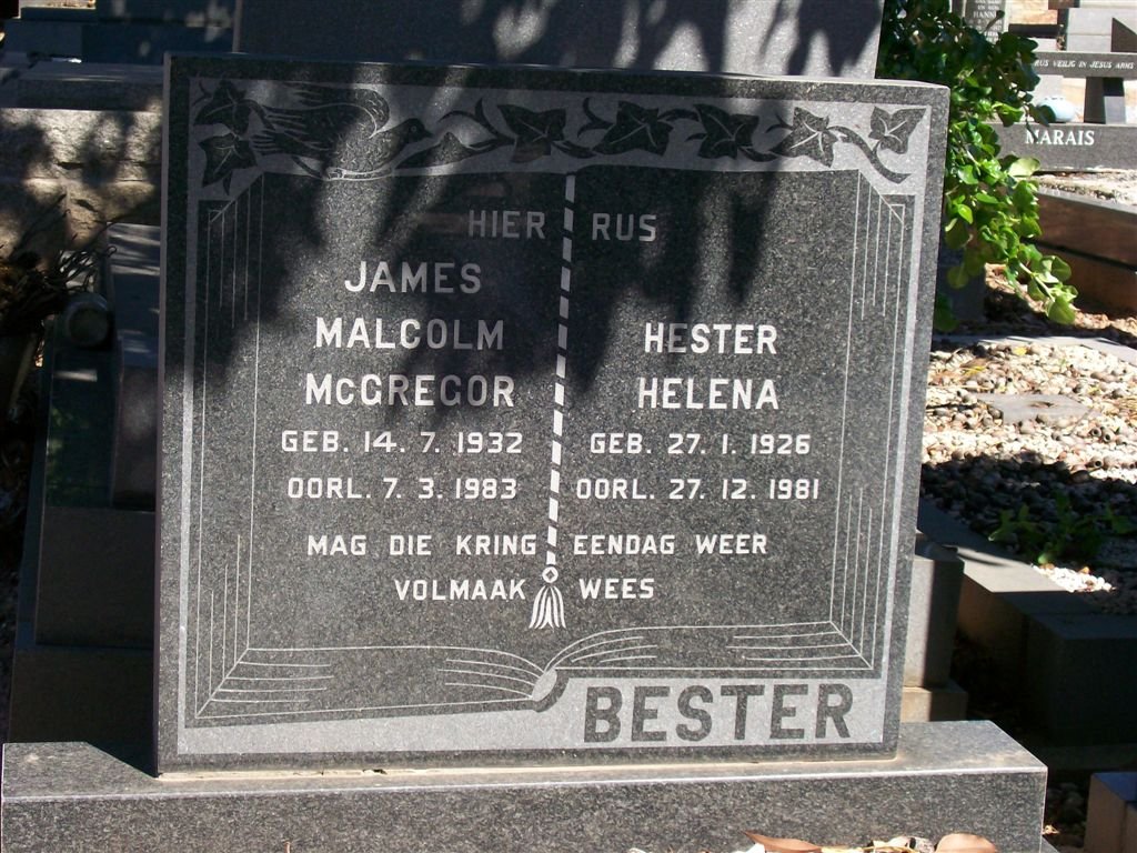 BESTER James Malcolm McGregor 1932-1983 &amp; Hester Helena 1926-1981