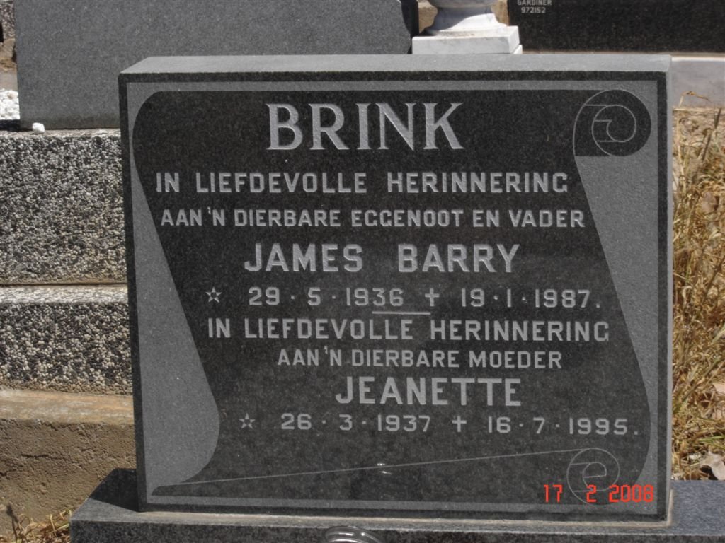 BRINK James Barry 1936-1987 &amp; Jeanette 1937-1995