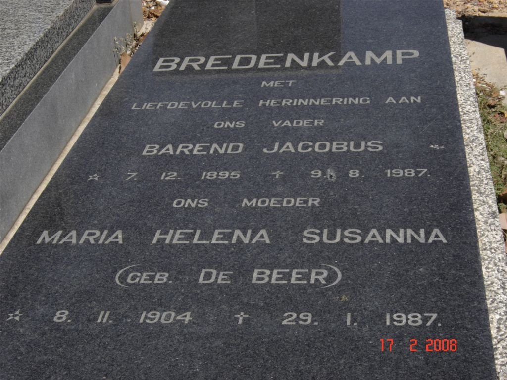 BREDENKAMP Barend Jacobus 1895-1987 &amp; Maria Helena Susanna  DE BEER 1904-1987