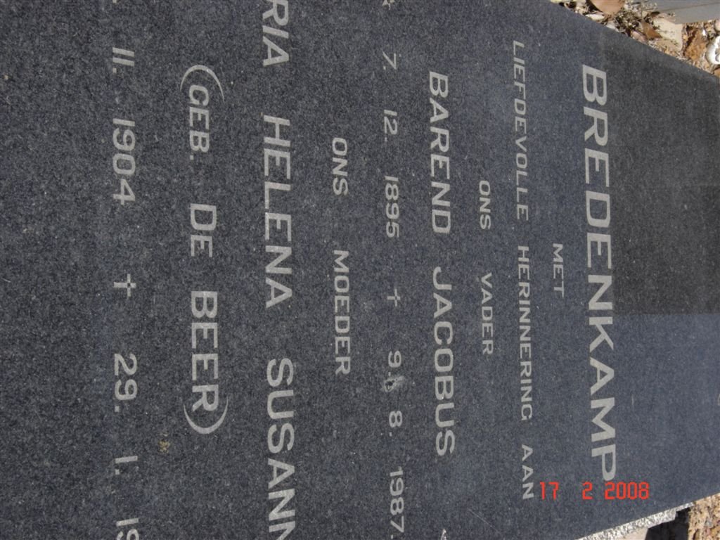 BREDENKAMP Barend Jacobus 1895-1987 &amp; Maria Helena Susanna  DE BEER 1904-1987