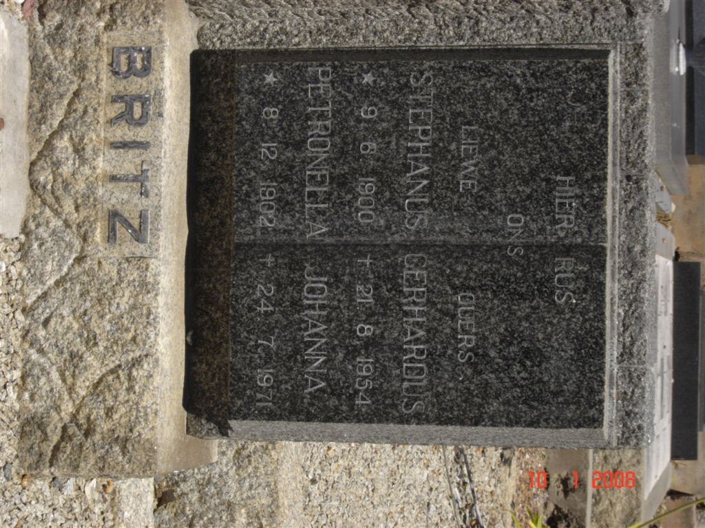 BRITZ Stephanus Gerhardus 1900-1954 &amp; Petronella Johanna 1902-1971
