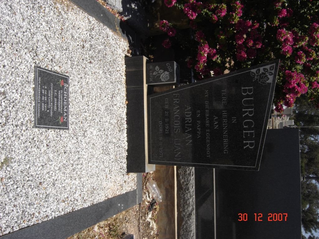 BURGER Adriaan Francois 1921-1971 :: SCHOEMAN I.C. formerly BURGER nee LAING 1911-2006