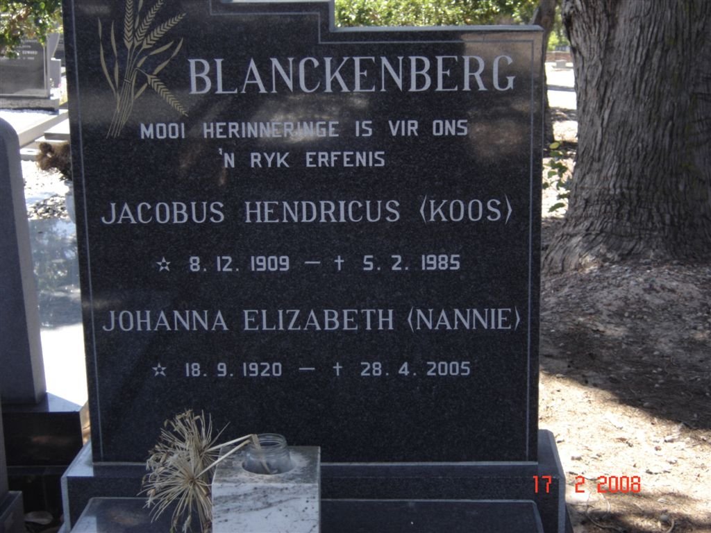 BLANCKENBERG Jacobus Hendricus 1909-1985 &amp; Johanna Elizabeth 1920-2005