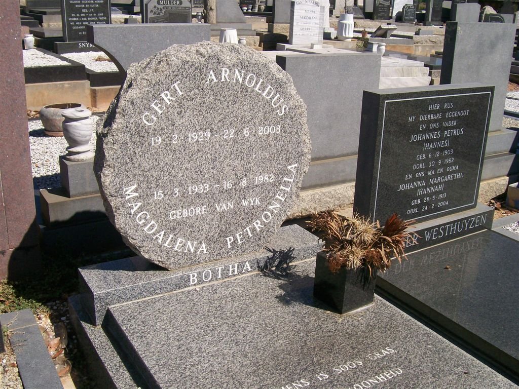 BOTHA Gert Arnoldus 1929-2003 &amp; Magdalena Petronella VAN WYK 1933-1982
