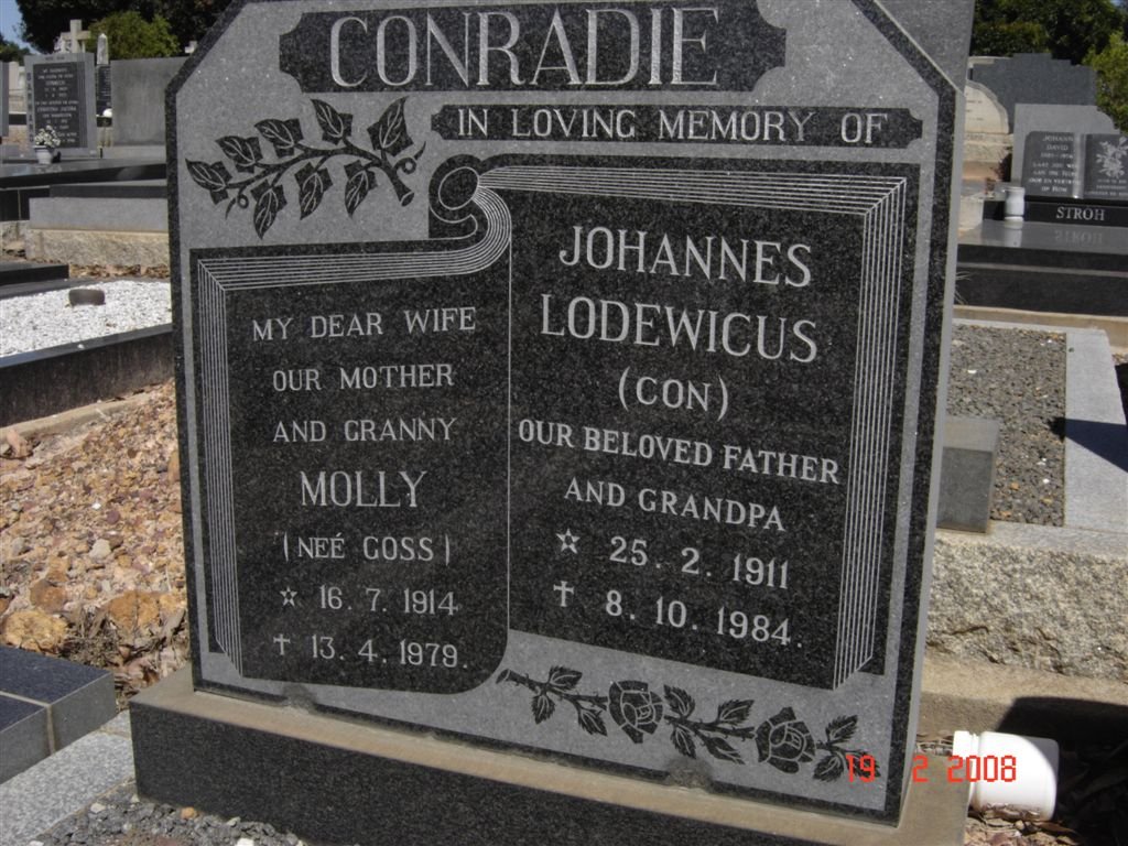 CONRADIE Johannes Lodewicus 1911-1984 &amp; Molly GOSS 1914-1979