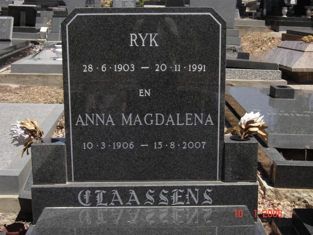CLAASSENS Ryk 1903-1991 &amp; Anna Magdalena 1906-2007