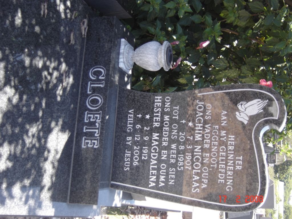 CLOETE Joachim Nicolaas 1907-1985 &amp; Hester Magdalena 1912-2006