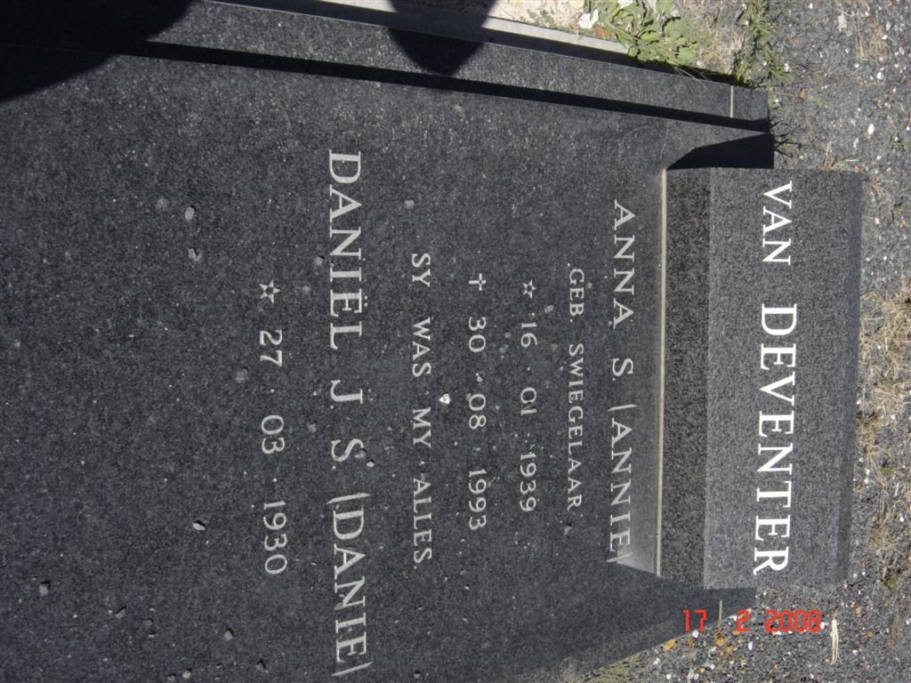 DEVENTER Daniel J.S., van 1930- &amp; Anna S. SWIEGELAAR 1939-1993