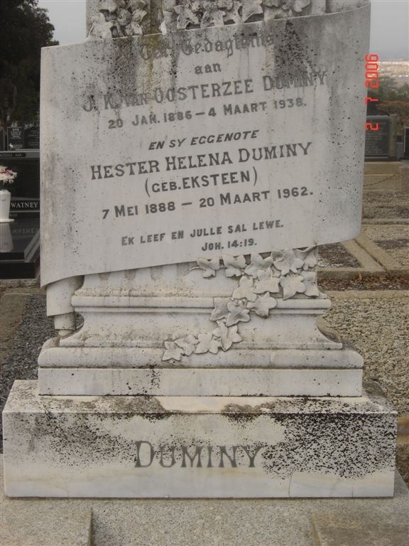 DUMINY J.K. van Oosterzee 1886-1938 &amp; Hester Helena EKSTEEN 1888-1962