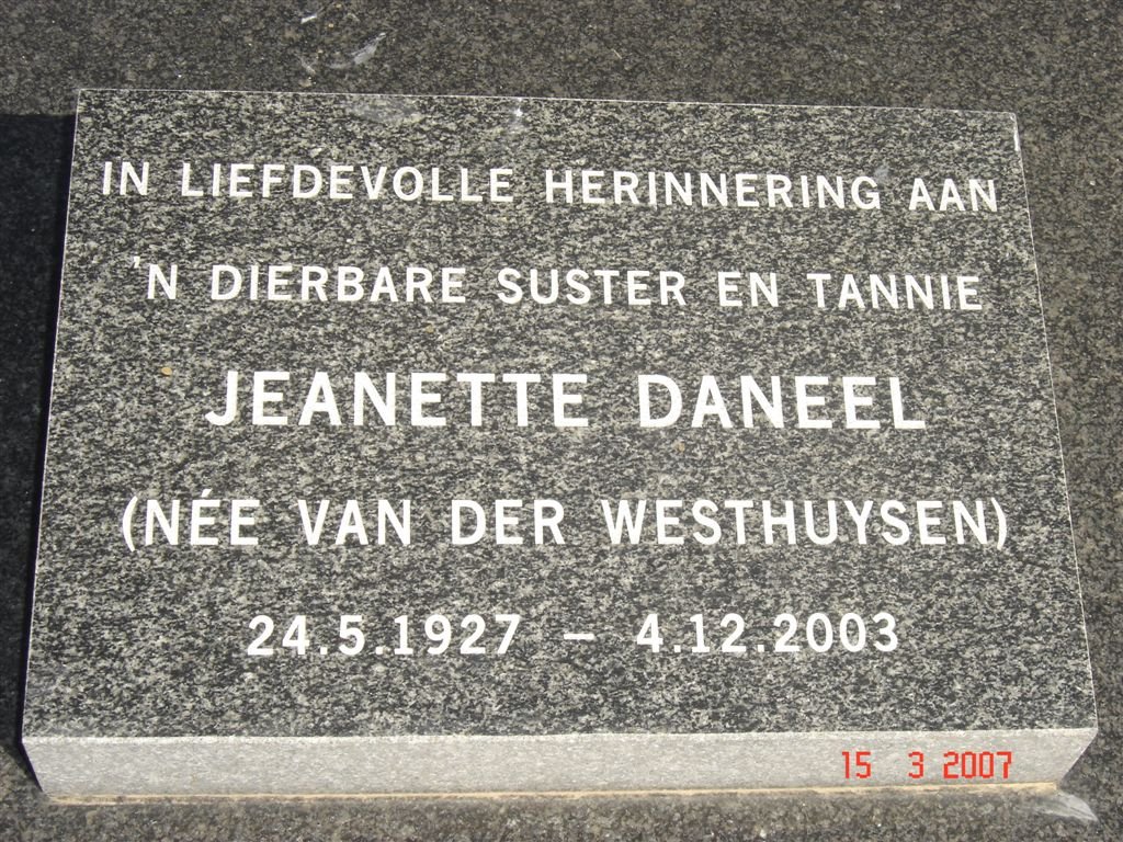 DANEEL Jeanette nee VAN DER WESTHUYSEN 1927-2003
