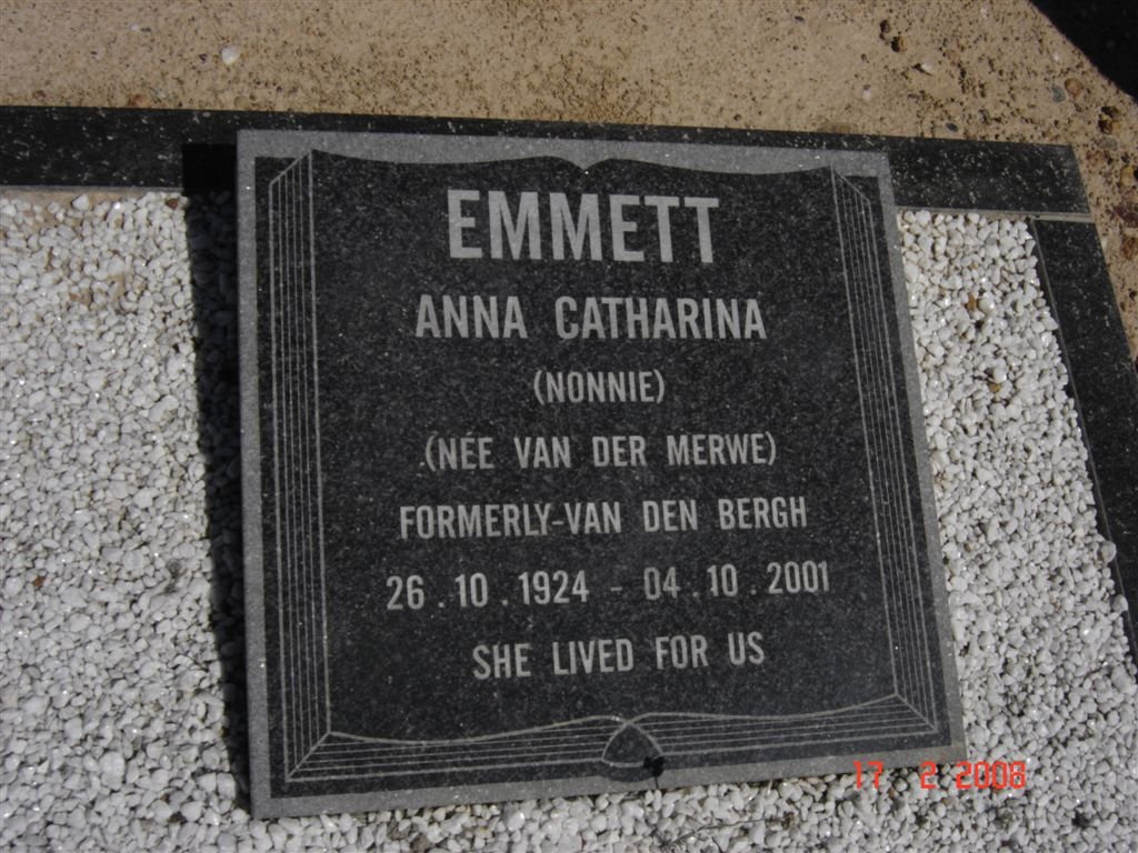 EMMETT Anna Catharina nee VAN DER MERWE formerly VAN DEN BERGH 1924-2001