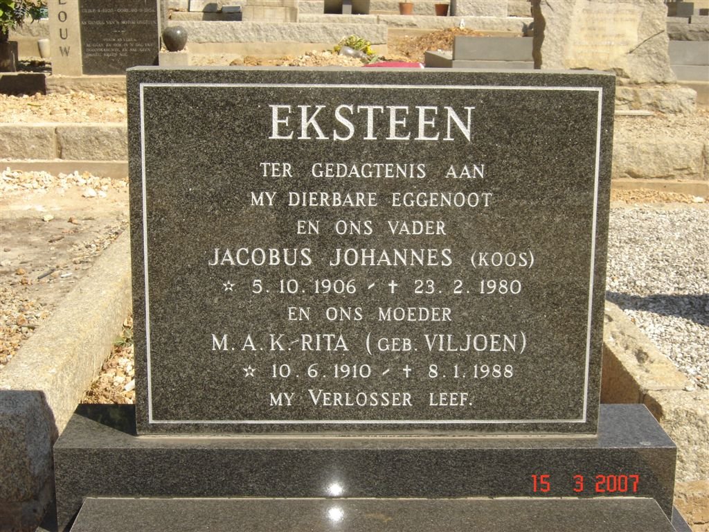 EKSTEEN Jacobus Johannes 1906-1980 &amp; M.A.K. VILJOEN 1910-1988