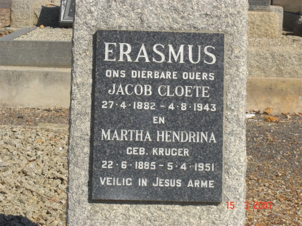 ERASMUS Jacob Cloete 1882-1943 &amp; Martha Hendrina KRUGER 1885-1951