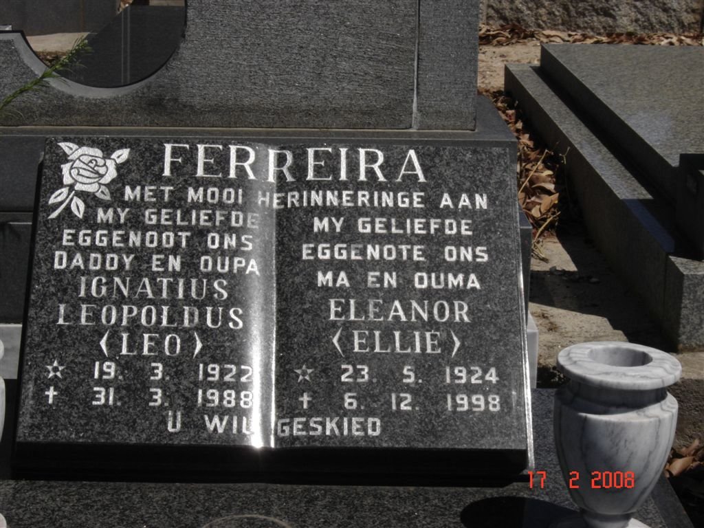 FERREIRA Ignatius Leopoldus 1922-1988 &amp; Eleanor 1924-1998