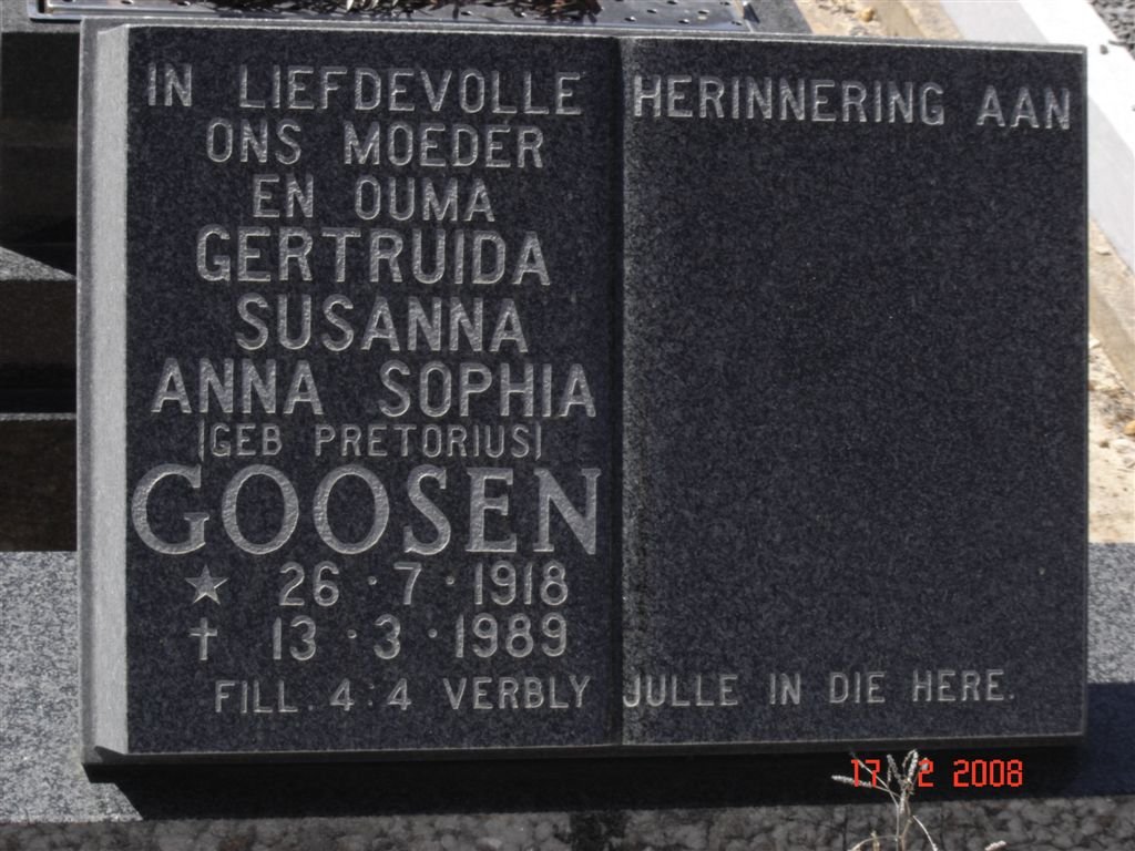 GOOSEN Gertruida Susanna Anna Sophia nee PRETORIUS 1918-1989