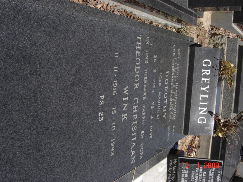 GREYLING Theodor Christiaan Wink 1916-1992 &amp; Dorothy MARINUS 1924-1992