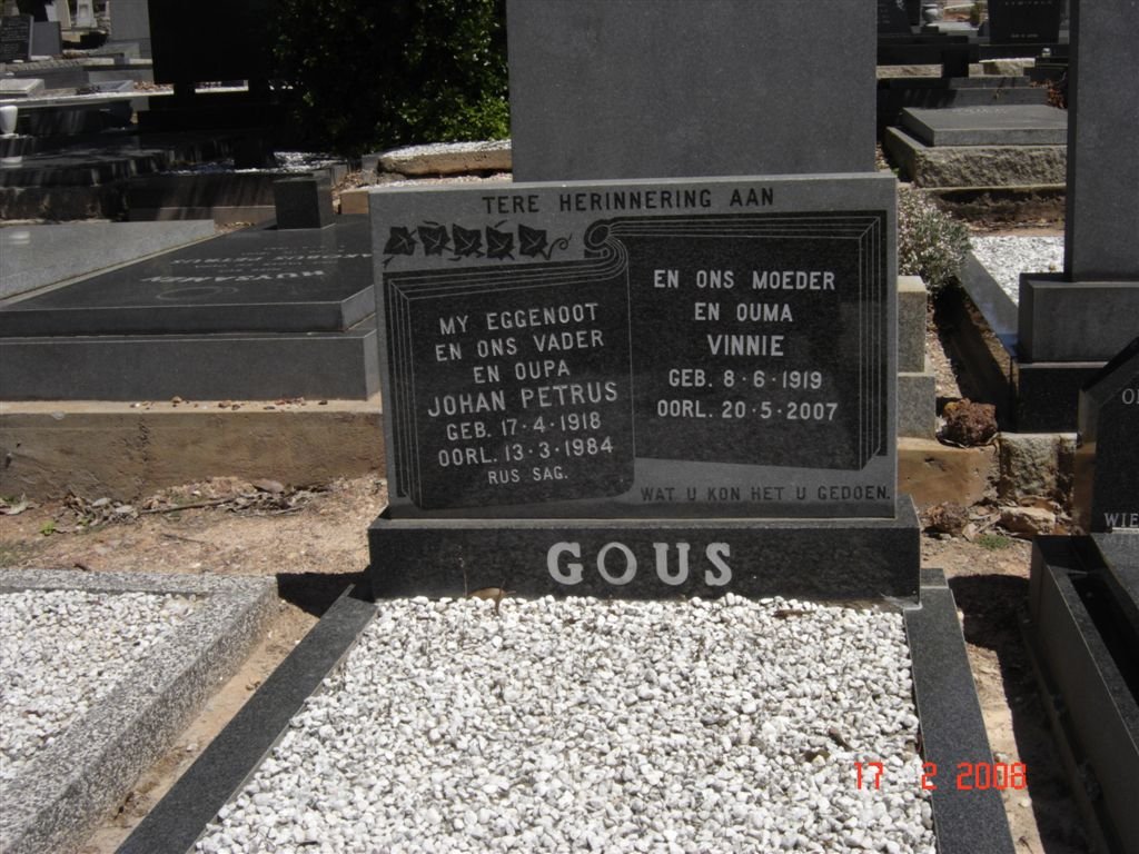 GOUS Johan Petrus 1918-1984 &amp; Vinnie 1919-2007