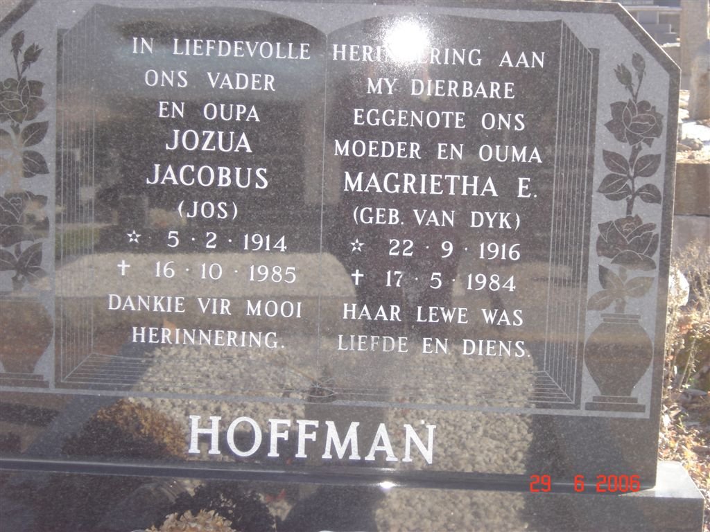HOFFMAN Jozua Jacobus 1914-1985 &amp; Magrietha E. VAN DYK 1916-1984