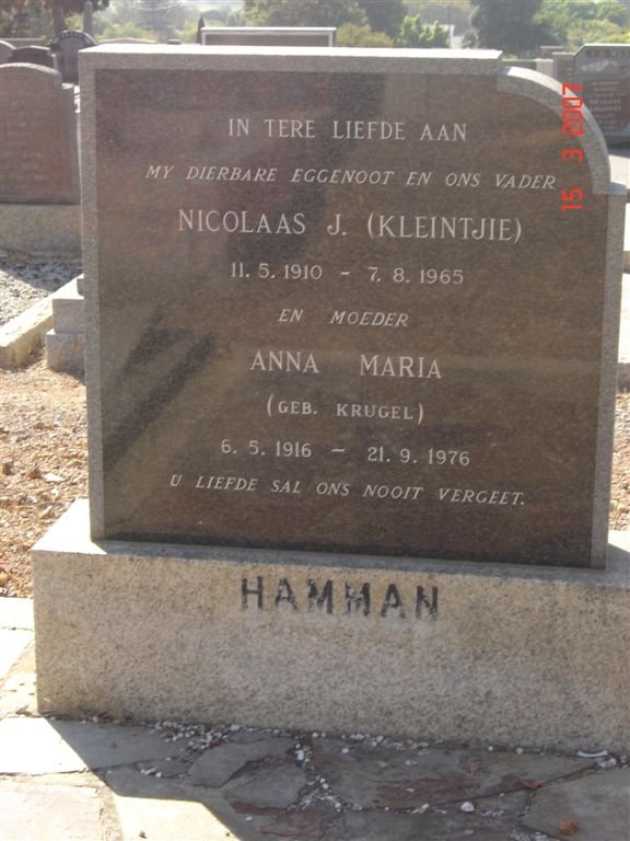 HAMMAN Nicolaas J. 1910-1965 &amp; Anna Maria KRUGEL 1916-1976