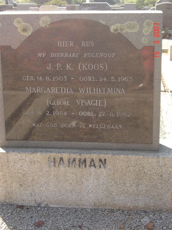 HAMMAN J.P.K. 1903-1963 &amp; Margaretha Wilhelmina VISAGIE 1904-1982
