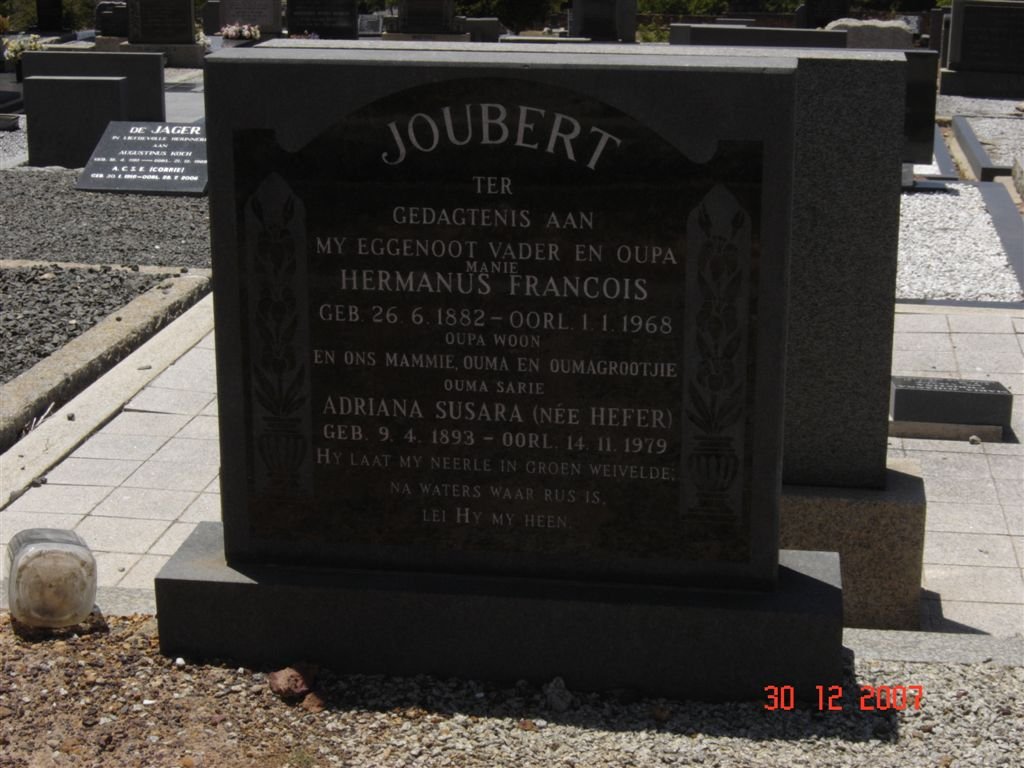 JOUBERT Hermanus Francois 1882-1968 &amp; Adriana Susara HEFER 1893-1979