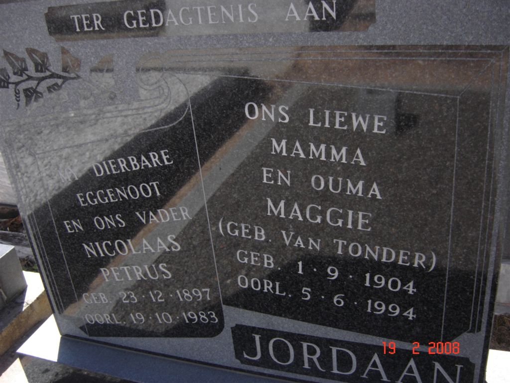 JORDAAN Nicolaas Petrus 1897-1983 &amp; Maggie VAN TONDER 1904-1994