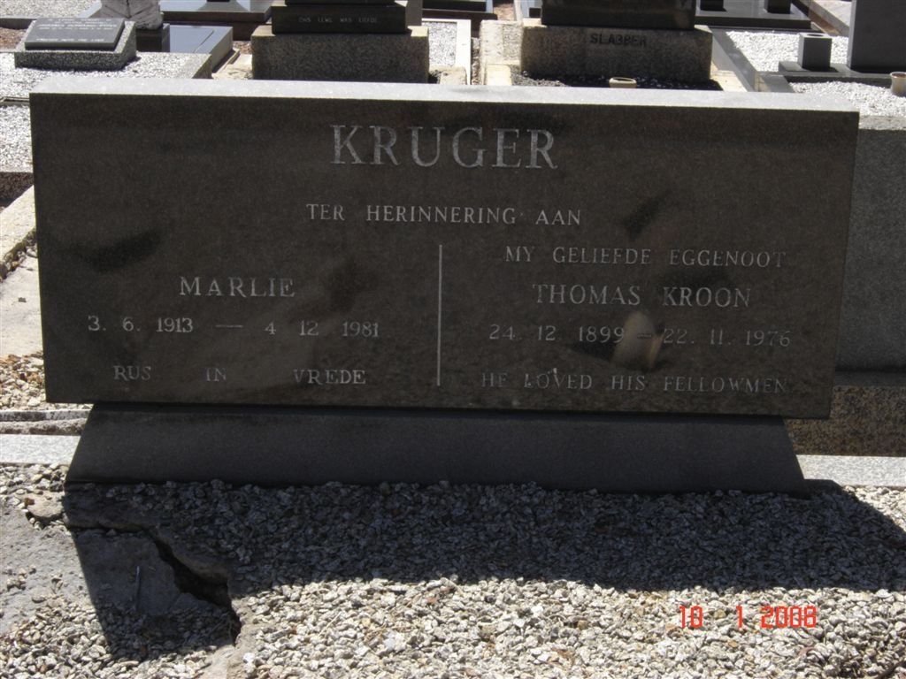 KRUGER Thomas Kroon 1899-1976 &amp; Marlie 1913-1981
