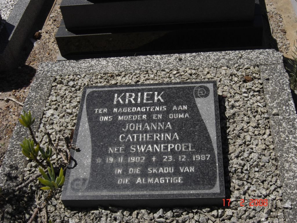 KRIEK Johanna Catherina nee SWANEPOEL 1902-1987