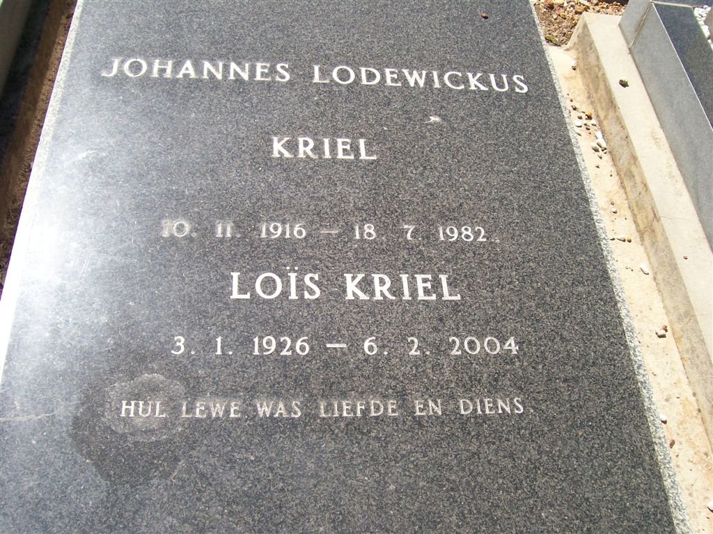 KRIEL Johannes Lodewickus 1916-1982 &amp; Lois 1926-2004