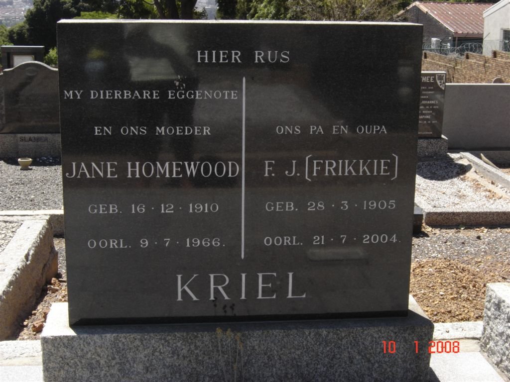 KRIEL F.J. 1905-2004 &amp; Jane Homewood 1910-1966