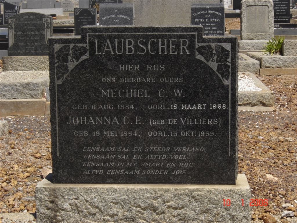 LAUBSCHER Mechiel C.W. 1884-1968 &amp; Johanna C.E. DE VILLIERS 1884-1959